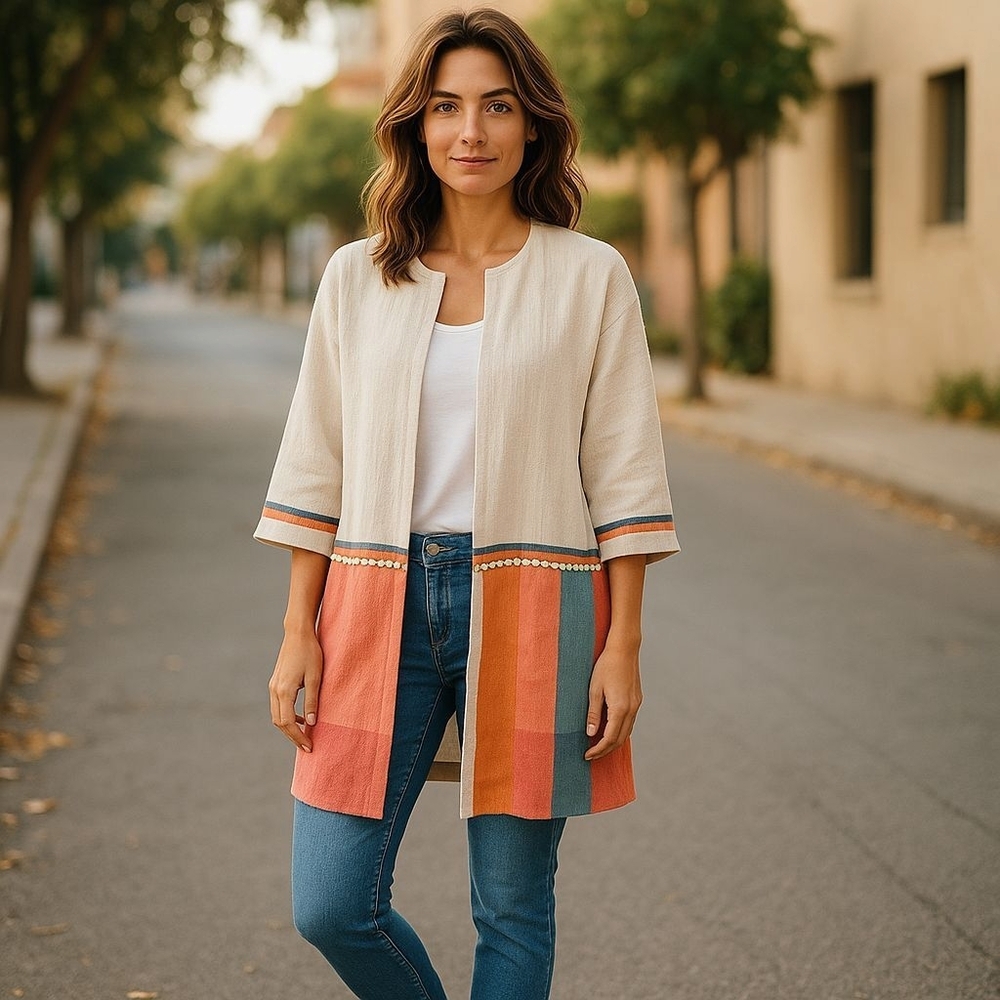 Vilagallo Sz 40 Cream Neon Textured Tweed Cardigan Blazer Large